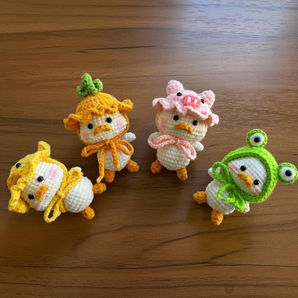 Cute Crochet Duck, Little Duck with Removable Hat, Kawaii Frog Pig Chick Bonnet, Mini Stuffed Animal, Car Dashboard Decor.
