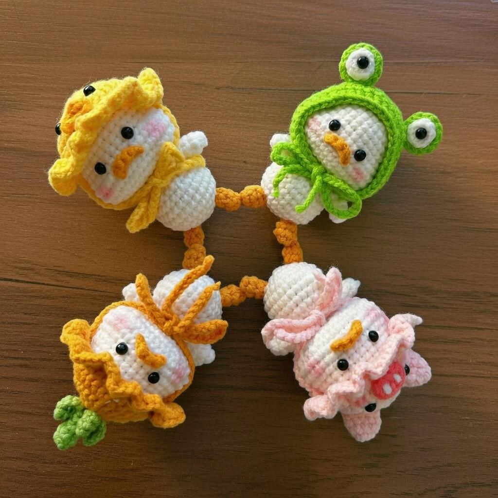 Cute Crochet Duck, Little Duck with Removable Hat, Kawaii Frog Pig Chick Bonnet, Mini Stuffed Animal, Car Dashboard Decor.