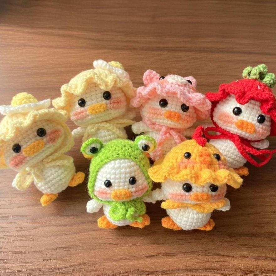 Cute Crochet Duck, Little Duck with Removable Hat, Kawaii Frog Pig Chick Bonnet, Mini Stuffed Animal, Car Dashboard Decor.