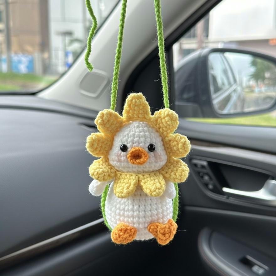 Crochet Duck Car Charm, Sunflower Duck Rear View Mirror Hanging, Cute Amigurumi Duckling on Swing, Kawaii Car Accessories, New Driver Gift