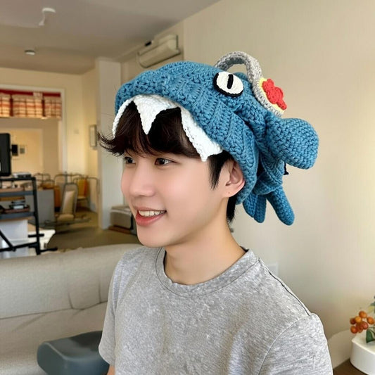 Crochet Shark Beanie, Cute Animal Hat with Fins, Kawaii Winter Accessories, Y2K Shark Hat, Handmade Novelty Gift for Him Her