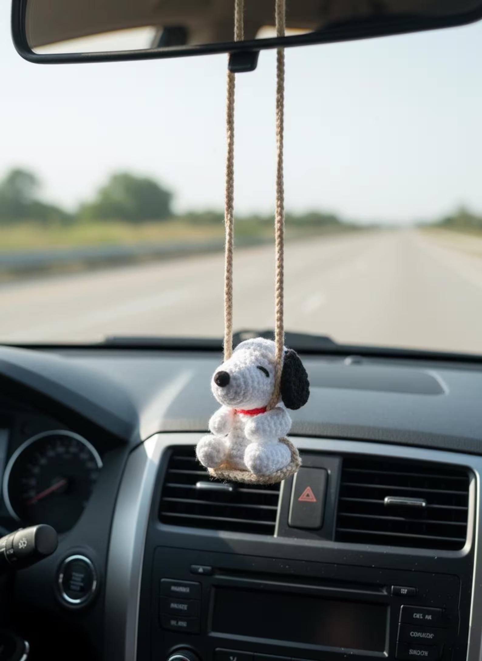 Snoopy Car Mirror Hanging Crochet, Handmade Amigurumi Dog Rearview Charm, Cute Car Decor Accessory, Gift for Driver