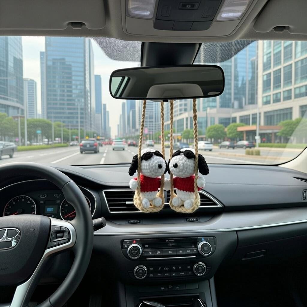 Snoopy Car Mirror Hanging Crochet, Handmade Amigurumi Dog Rearview Charm, Cute Car Decor Accessory, Gift for Driver