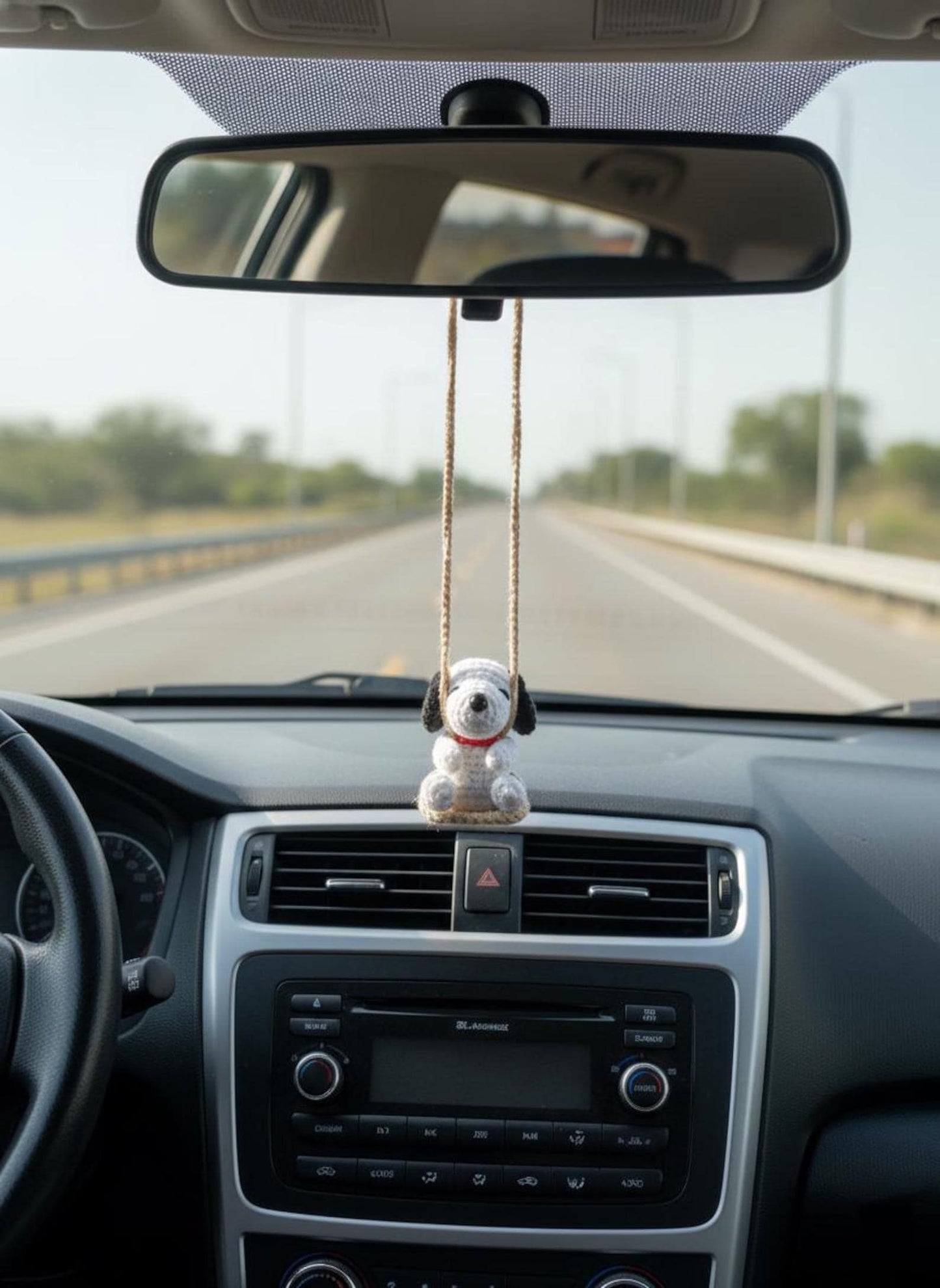 Snoopy Car Mirror Hanging Crochet, Handmade Amigurumi Dog Rearview Charm, Cute Car Decor Accessory, Gift for Driver