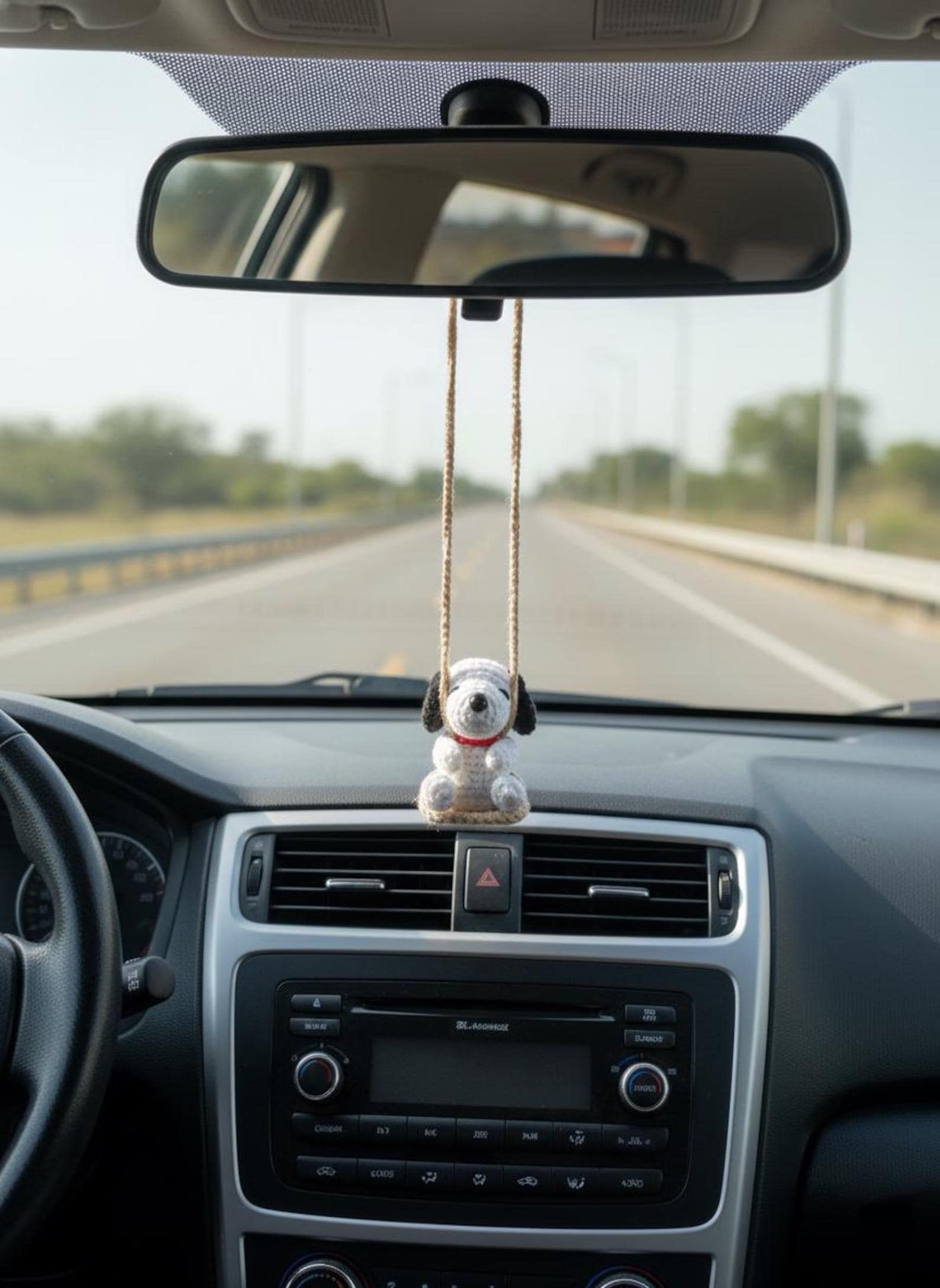 Snoopy Car Mirror Hanging Crochet, Handmade Amigurumi Dog Rearview Charm, Cute Car Decor Accessory, Gift for Driver