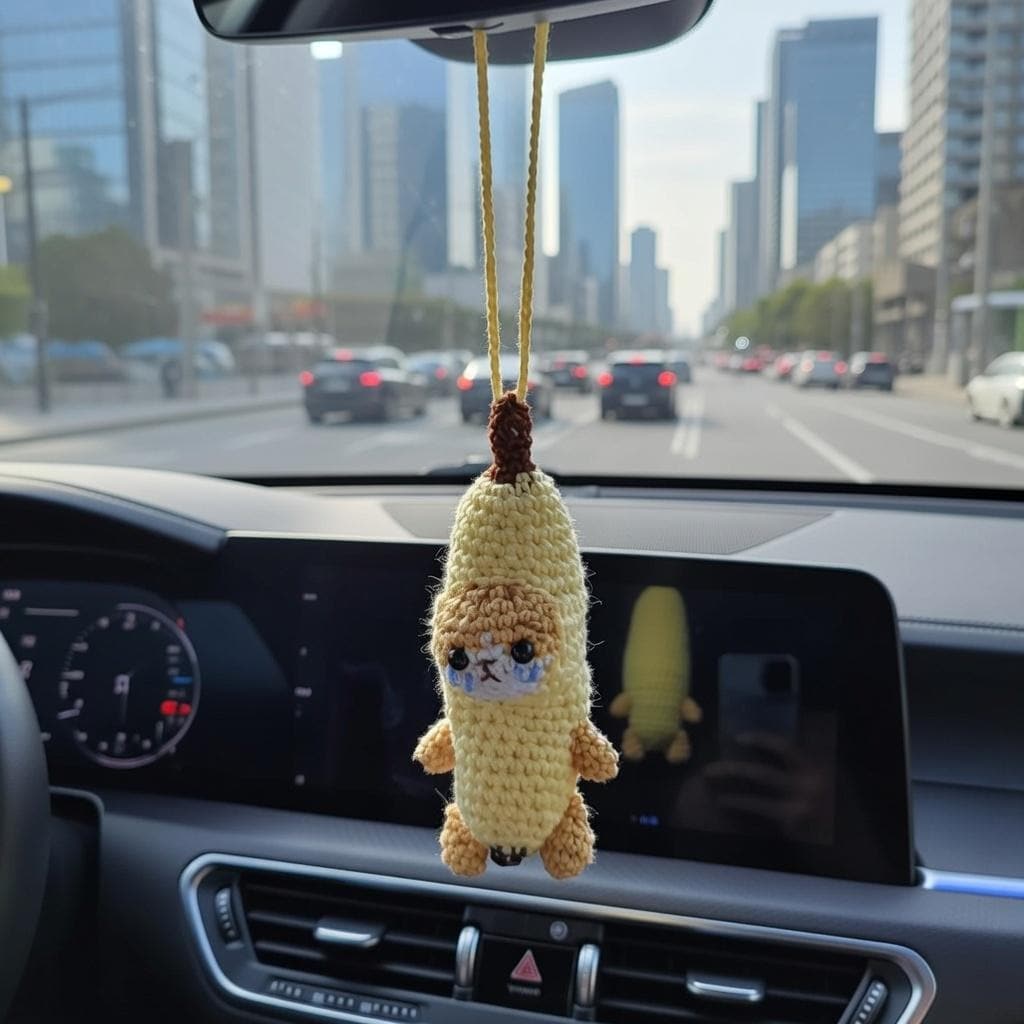 Crochet Banana Cat Car Charm, Funny Meme Plush, Car Accessories