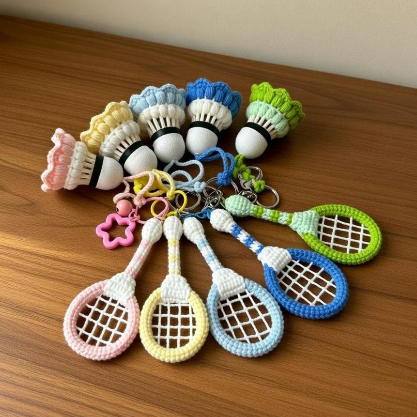 Crochet Badminton Keychain, Personalized Amigurumi Racket & Shuttlecock, Handmade Sports Bag Charm, Badminton Team Gift