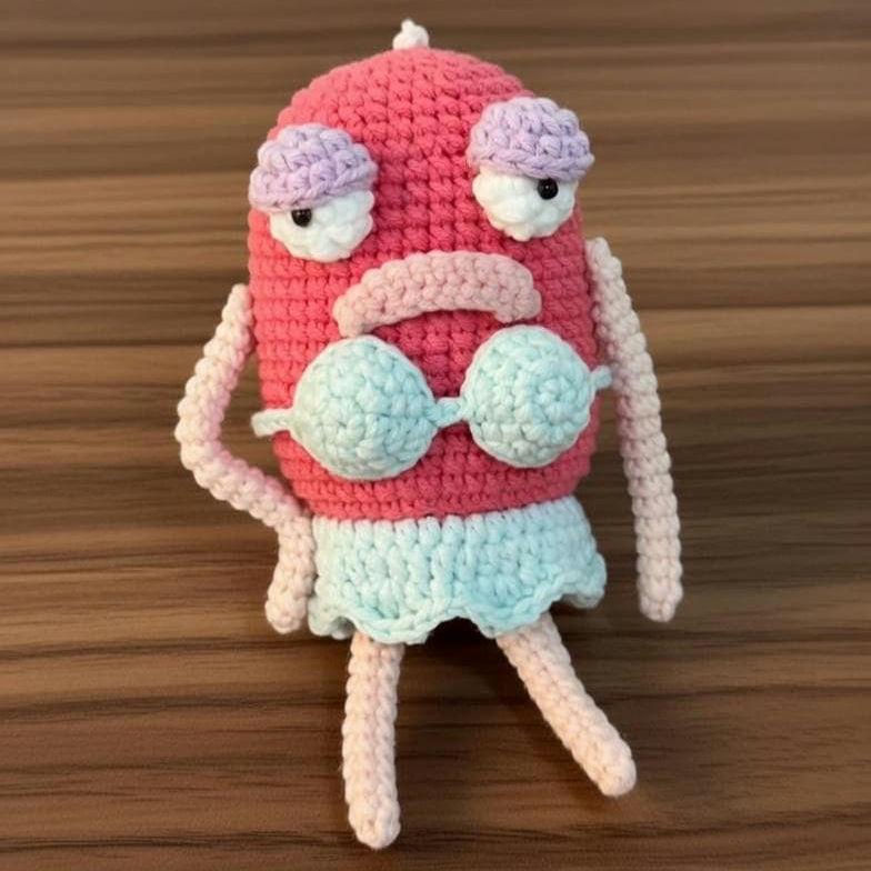 Funny Crochet Pink Fish in Bikini Amigurumi, Sassy Cartoon Plush Doll, Ugly Cute Meme Gift, Handmade Desk Decor for Best Friend