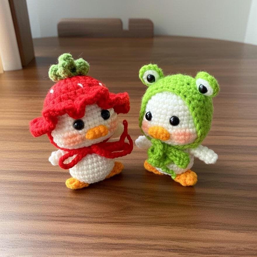 Cute Crochet Duck, Little Duck with Removable Hat, Kawaii Frog Pig Chick Bonnet, Mini Stuffed Animal, Car Dashboard Decor.