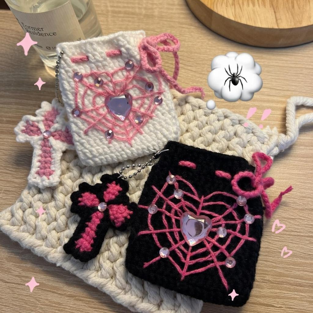 Y2K Goth Crochet Spiderweb Heart Pouch, Pastel Goth Drawstring Bag, Alt Aesthetic AirPods Case, Spooky Cute Mini Coin Purse