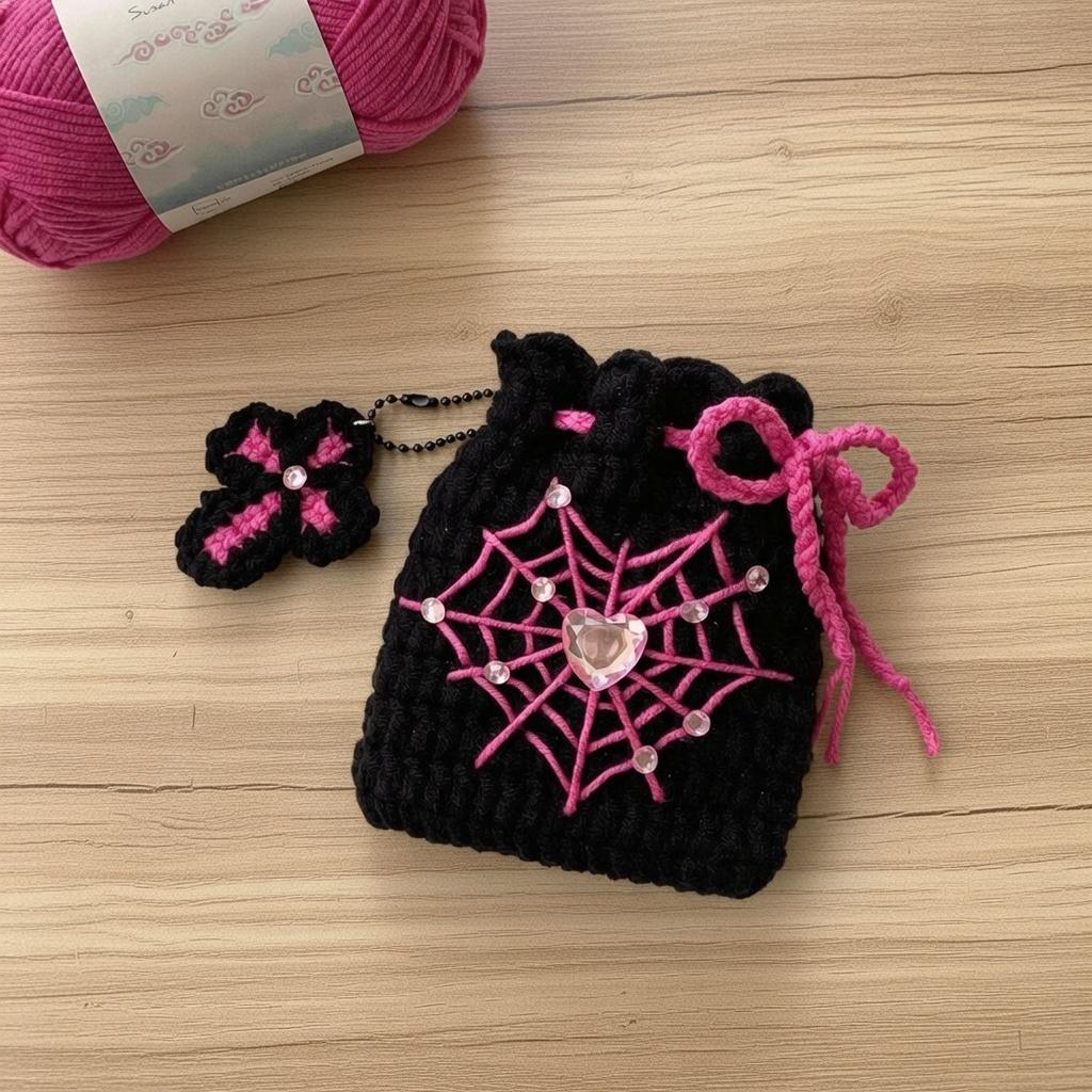Y2K Goth Crochet Spiderweb Heart Pouch, Pastel Goth Drawstring Bag, Alt Aesthetic AirPods Case, Spooky Cute Mini Coin Purse