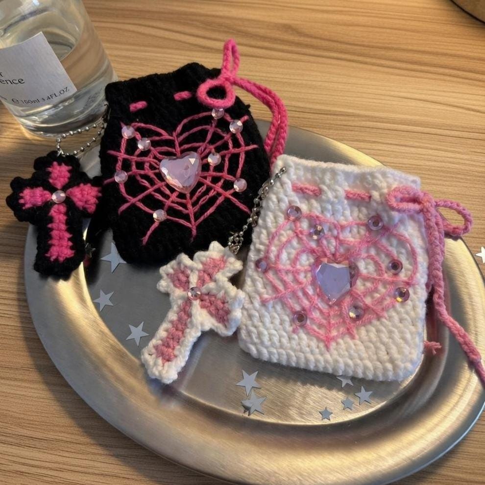 Y2K Goth Crochet Spiderweb Heart Pouch, Pastel Goth Drawstring Bag, Alt Aesthetic AirPods Case, Spooky Cute Mini Coin Purse