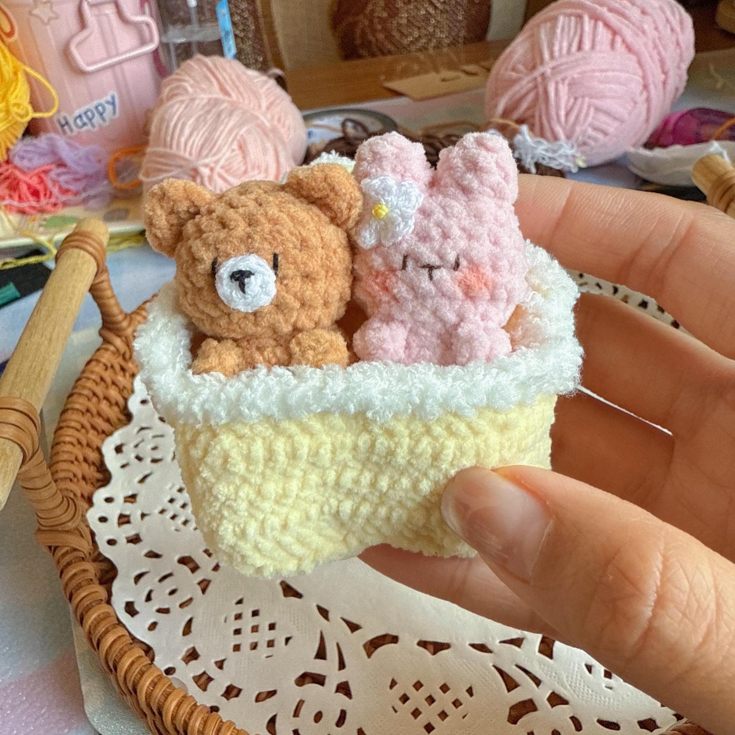 Mini Amigurumi Bear and Bunny Keychain in Sleeping Bag, Chunky Yarn Crochet Plush Bag Charm, Kawaii Backpack Accessory, Cute Pocket Hug