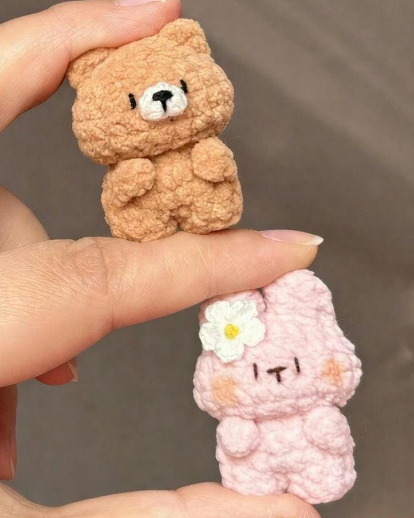 Mini Amigurumi Bear and Bunny Keychain in Sleeping Bag, Chunky Yarn Crochet Plush Bag Charm, Kawaii Backpack Accessory, Cute Pocket Hug