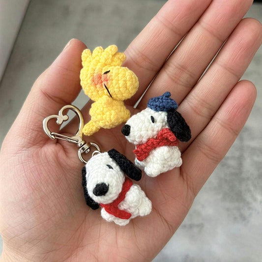 Mini Crochet Snoopy and Woodstock Keychains, Handmade Amigurumi Bag Charms, Cute Cartoon Animal Plushies, Crochet Phone Charm