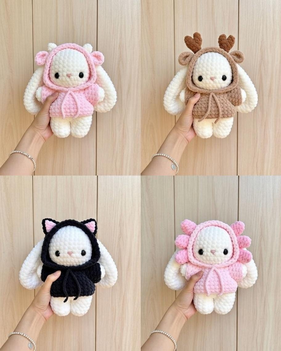 Chunky Crochet Bunny Plush in Hoodie, Amigurumi Easter Bunny Toy, Kawaii Stuffed Animal, Cute Easter Basket Stuffer, Handmade Baby Gift