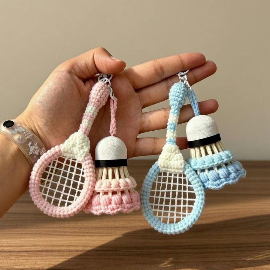 Crochet Badminton Keychain, Personalized Amigurumi Racket & Shuttlecock, Handmade Sports Bag Charm, Badminton Team Gift