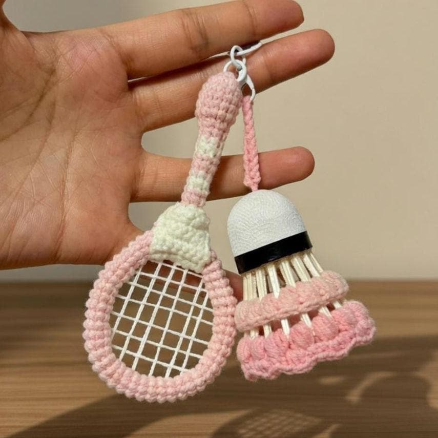 Crochet Badminton Keychain, Personalized Amigurumi Racket & Shuttlecock, Handmade Sports Bag Charm, Badminton Team Gift