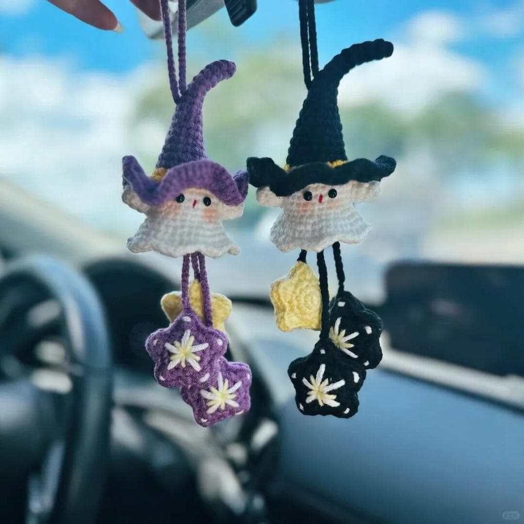 Crochet Ghost Car Mirror Hanging, Halloween Ghost Car Charm, Cute Amigurumi Rearview Mirror Hanger, Spooky Car Decor, Handmade Ornament