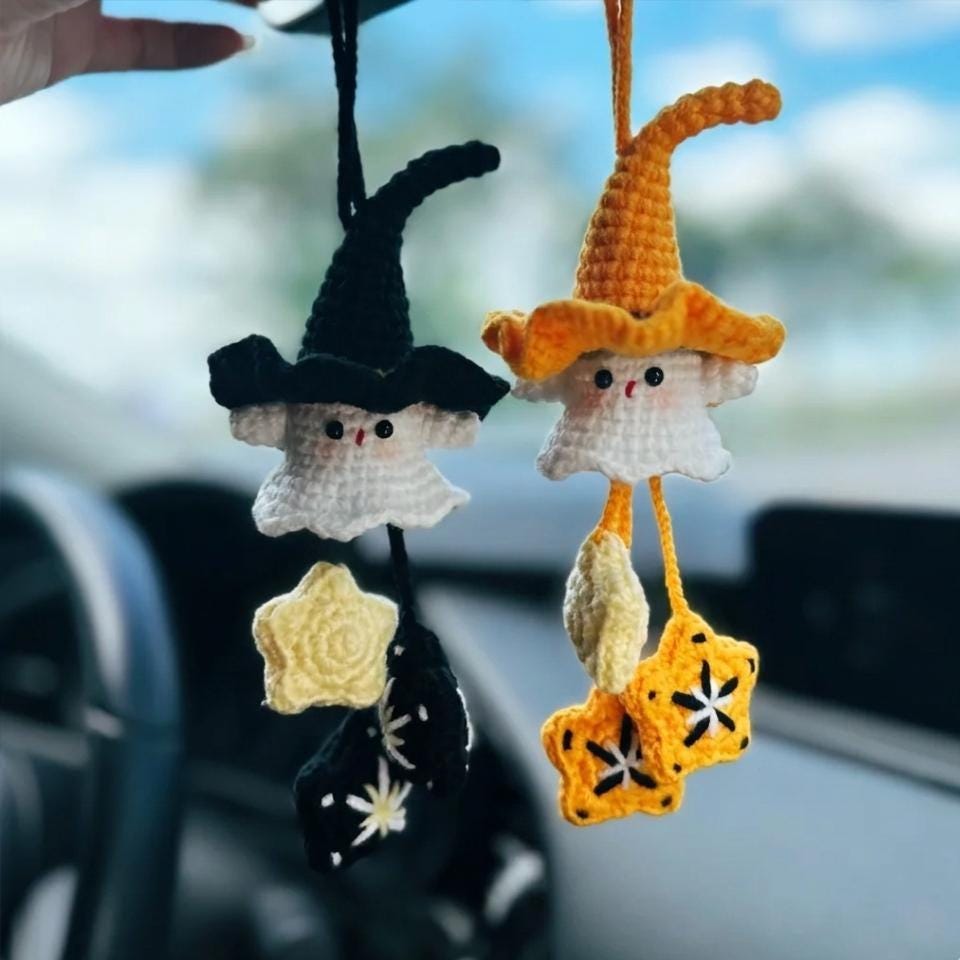 Crochet Ghost Car Mirror Hanging, Halloween Ghost Car Charm, Cute Amigurumi Rearview Mirror Hanger, Spooky Car Decor, Handmade Ornament