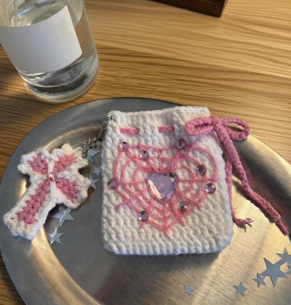 Y2K Goth Crochet Spiderweb Heart Pouch, Pastel Goth Drawstring Bag, Alt Aesthetic AirPods Case, Spooky Cute Mini Coin Purse