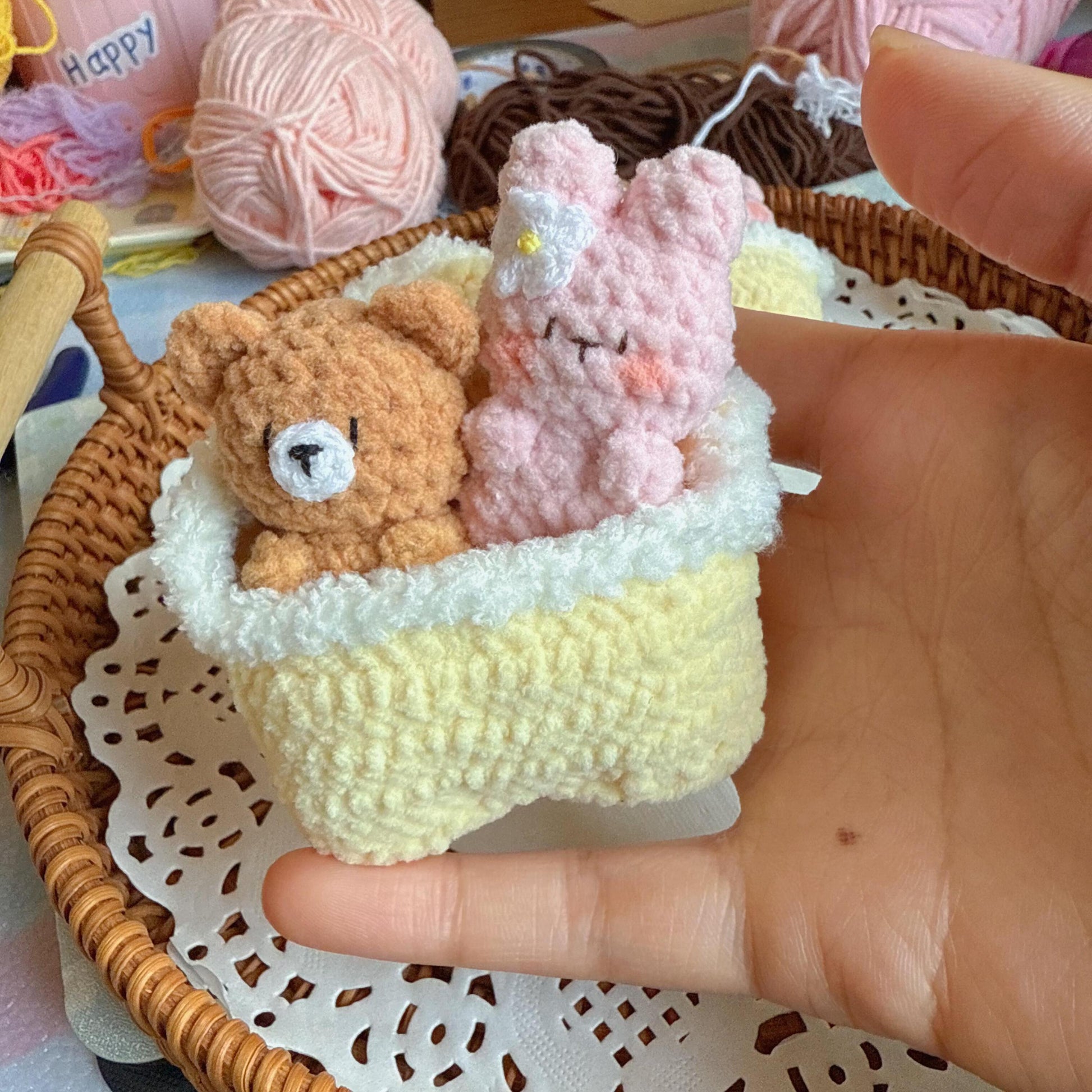 Mini Amigurumi Bear and Bunny Keychain in Sleeping Bag, Chunky Yarn Crochet Plush Bag Charm, Kawaii Backpack Accessory, Cute Pocket Hug
