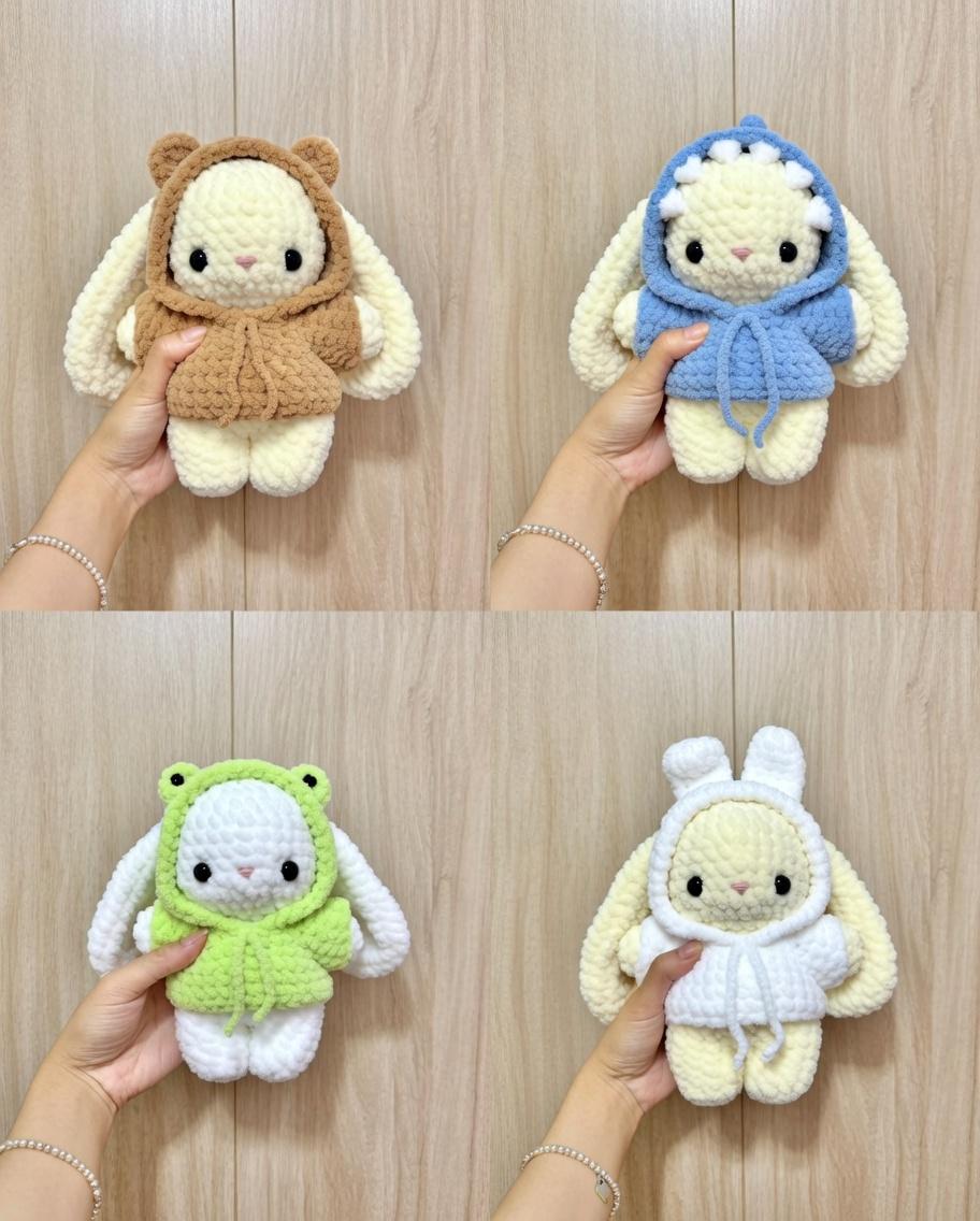 Chunky Crochet Bunny Plush in Hoodie, Amigurumi Easter Bunny Toy, Kawaii Stuffed Animal, Cute Easter Basket Stuffer, Handmade Baby Gift