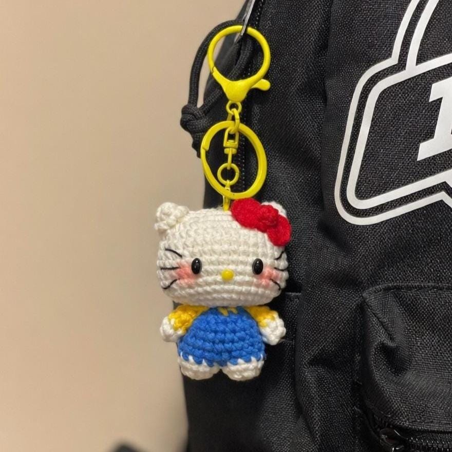 Hello Kitty Crochet Keychain, Amigurumi Kitty Doll, Handmade Cat Keyring, Cute Bag Charm Gift for Her, Kawaii Anime Plush Charm