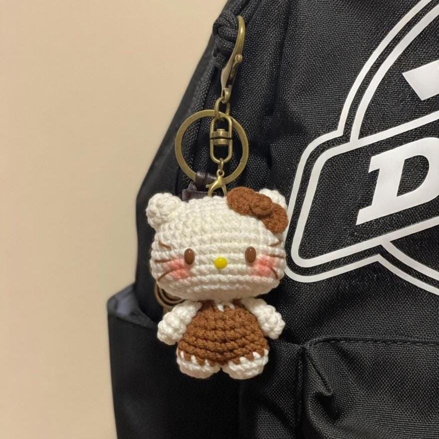 Hello Kitty Crochet Keychain, Amigurumi Kitty Doll, Handmade Cat Keyring, Cute Bag Charm Gift for Her, Kawaii Anime Plush Charm