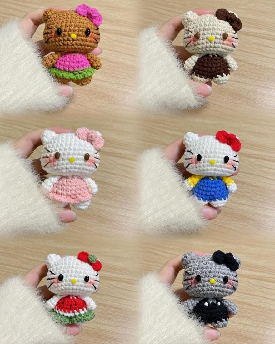 Hello Kitty Crochet Keychain, Amigurumi Kitty Doll, Handmade Cat Keyring, Cute Bag Charm Gift for Her, Kawaii Anime Plush Charm
