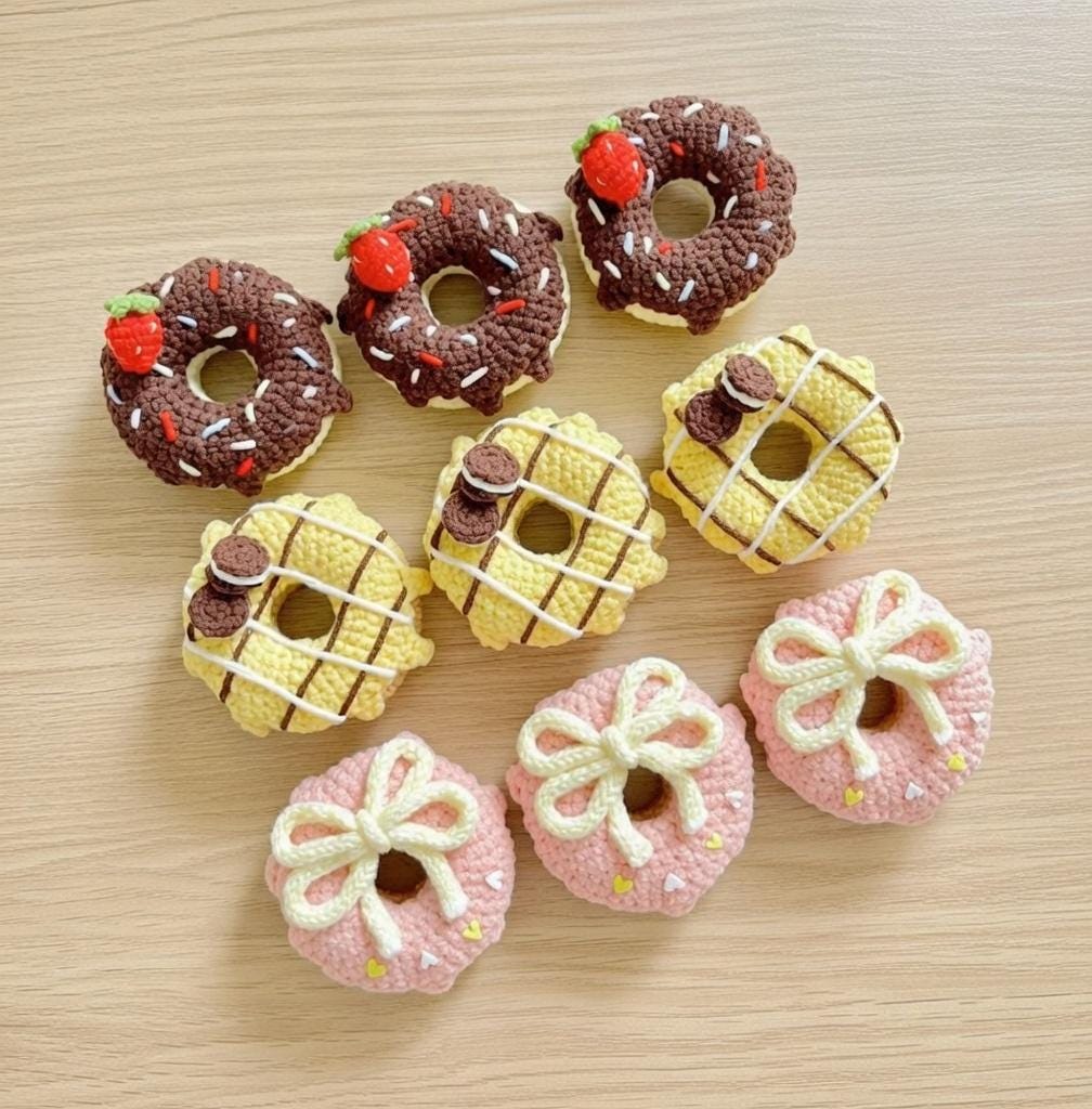 Crochet Donut Keychain, Amigurumi Donut Bag Charm, Cute Kawaii Food Plush, Handmade Yarn Keyring Gift for Her