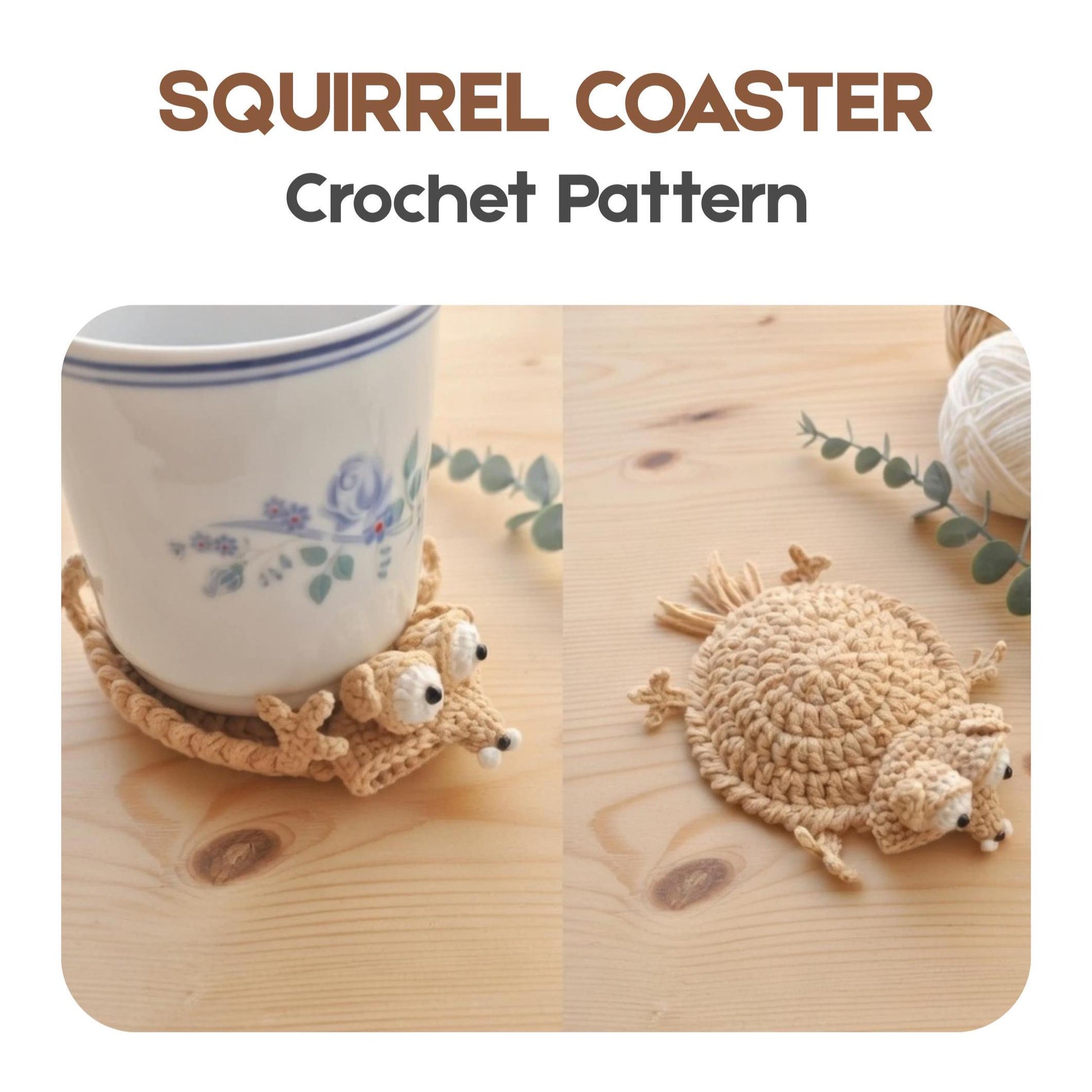 PDF Squirrel Coaster Crochet Pattern, Funny Animal Mug Rug, Amigurumi Cup Mat Pattern, Cute Desk Decor DIY Gift