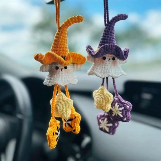 Crochet Ghost Car Mirror Hanging, Halloween Ghost Car Charm, Cute Amigurumi Rearview Mirror Hanger, Spooky Car Decor, Handmade Ornament