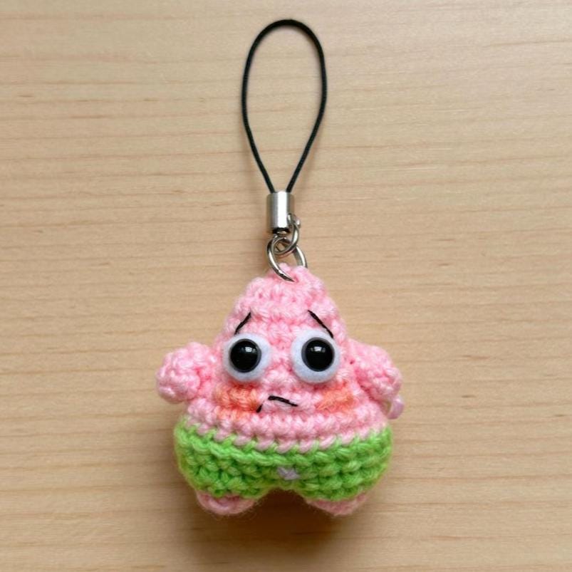 Crochet Sponge Patrick Phone Charm, Cute Amigurumi Keychain, Handmade Cartoon Character Bag Charm, Kawaii Crochet Gift for Friends