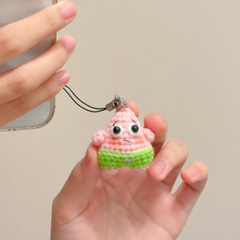 Crochet Sponge Patrick Phone Charm, Cute Amigurumi Keychain, Handmade Cartoon Character Bag Charm, Kawaii Crochet Gift for Friends