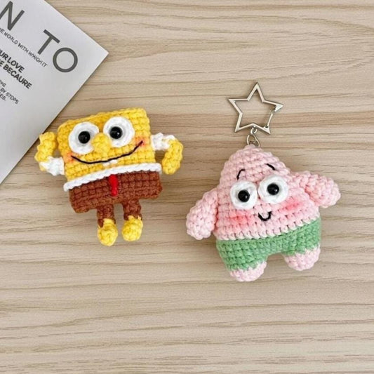 Crochet Sponge Patrick Phone Charm, Cute Amigurumi Keychain, Handmade Cartoon Character Bag Charm, Kawaii Crochet Gift for Friends
