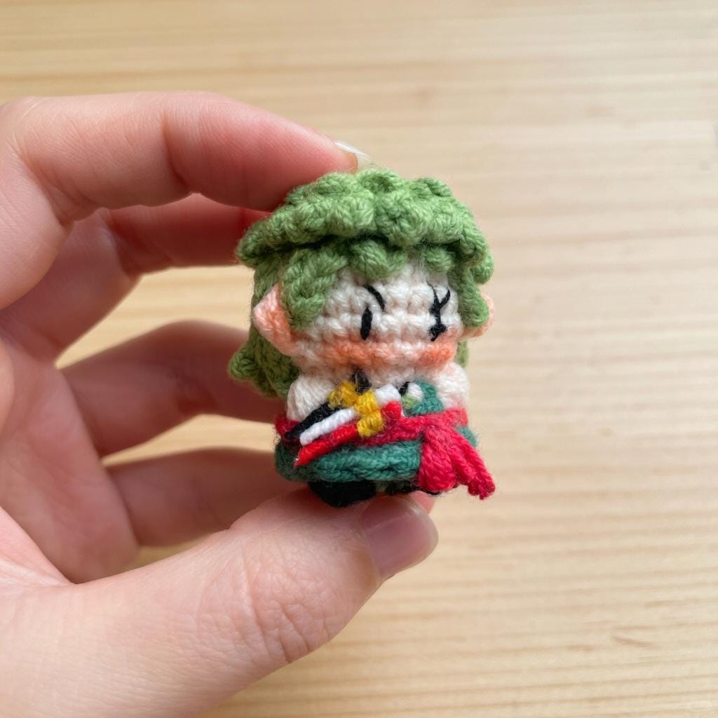 Crochet Anime Inspired Pirate Phone Charm, Cute Amigurumi Doll Keychain, Kawaii Manga Chibi Plushie, Swordsman Pocket Toy, Geeky Fan Gift,