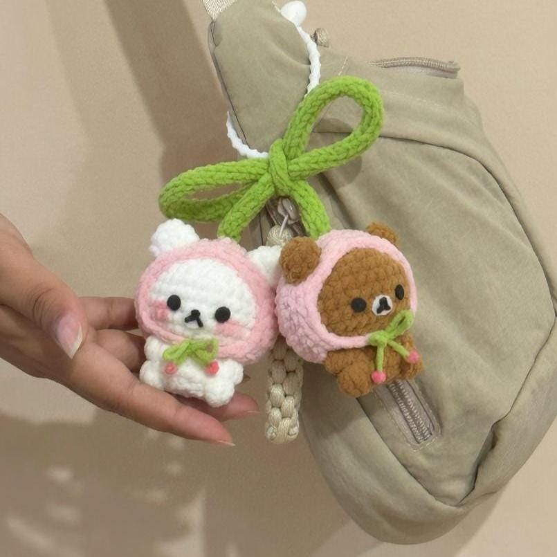 Crochet Bear Couple Bag Charm, Amigurumi Matching Keychains, Chunky Velvet Yarn Backpack Accessory, Cute Handmade Kawaii Gift for Besties