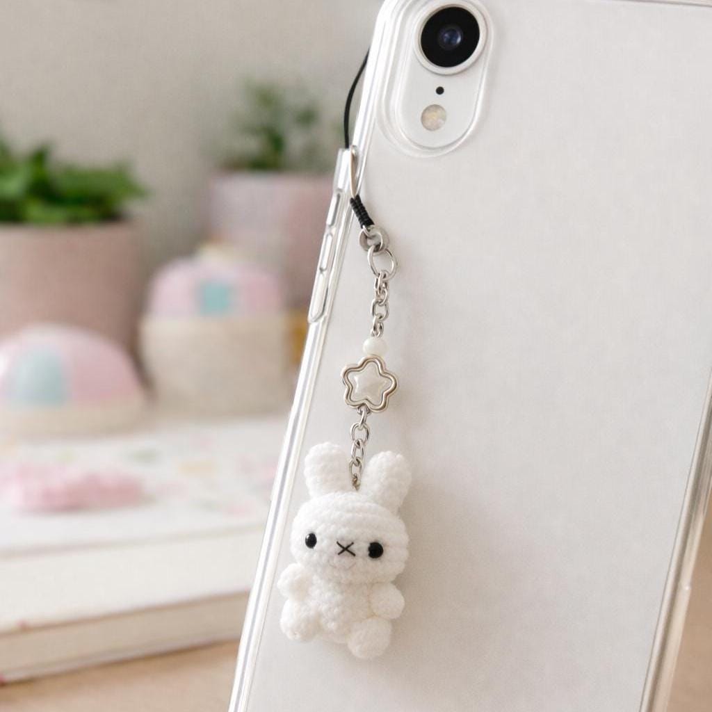 Handmade Crochet Bunny Phone Charm, Cute Plush Rabbit Keychain, Kawaii Animal Phone Strap, Soft Amigurumi Accessory, Small Gift for Her