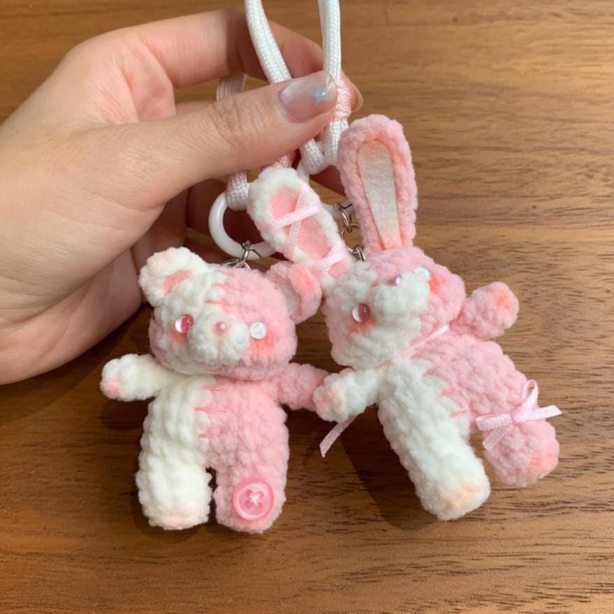 Crochet Bunny and Bear Matching Keychain, Couple Keychain Set, Cute Amigurumi Bag Charm, Best Friend Gift, Kawaii Plush Keyring