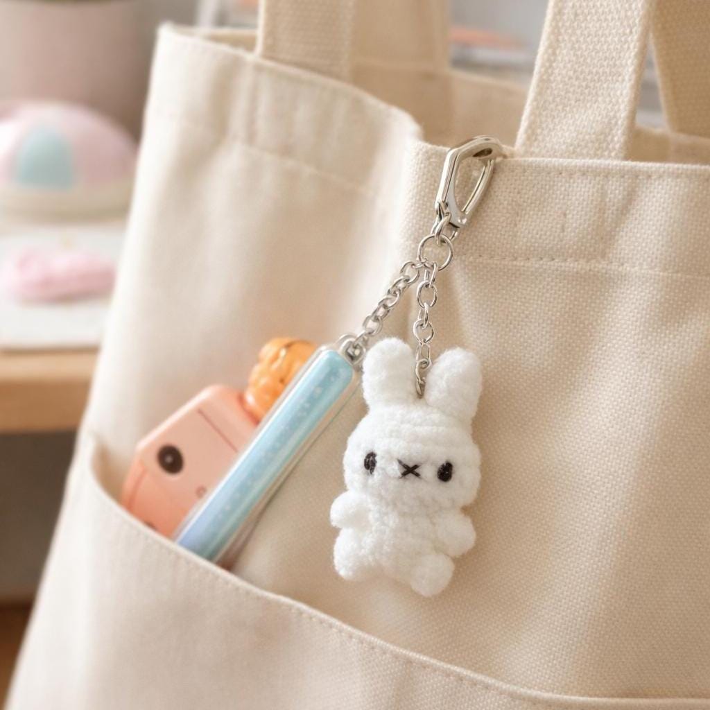 Handmade Crochet Bunny Phone Charm, Cute Plush Rabbit Keychain, Kawaii Animal Phone Strap, Soft Amigurumi Accessory, Small Gift for Her