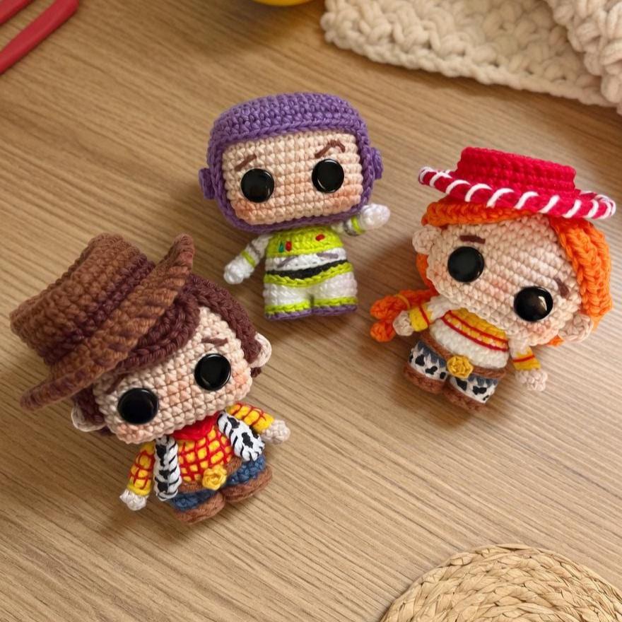 Crochet Story of Toys Keychain, Amigurumi Cowboy Astronaut and Cowgirl Key Ring, Handmade Movie Inspired Bag Charm, Cute Gift for Toy Fans